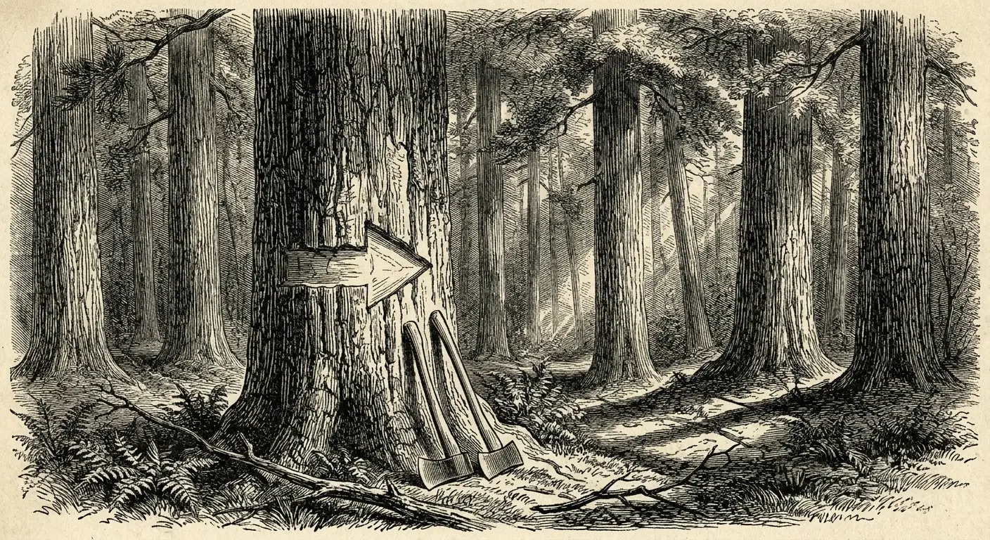 Towering old-growth pine trees in a colonial forest, one trunk marked with a broad arrow blaze, axes leaning against it