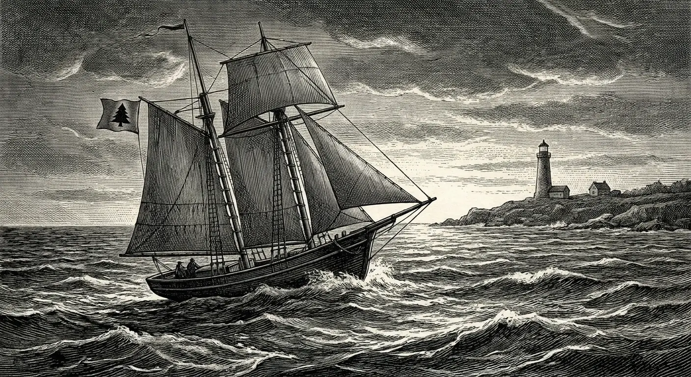 A small armed wooden schooner flying a plain pine tree flag, cutting through rough coastal waters at dawn