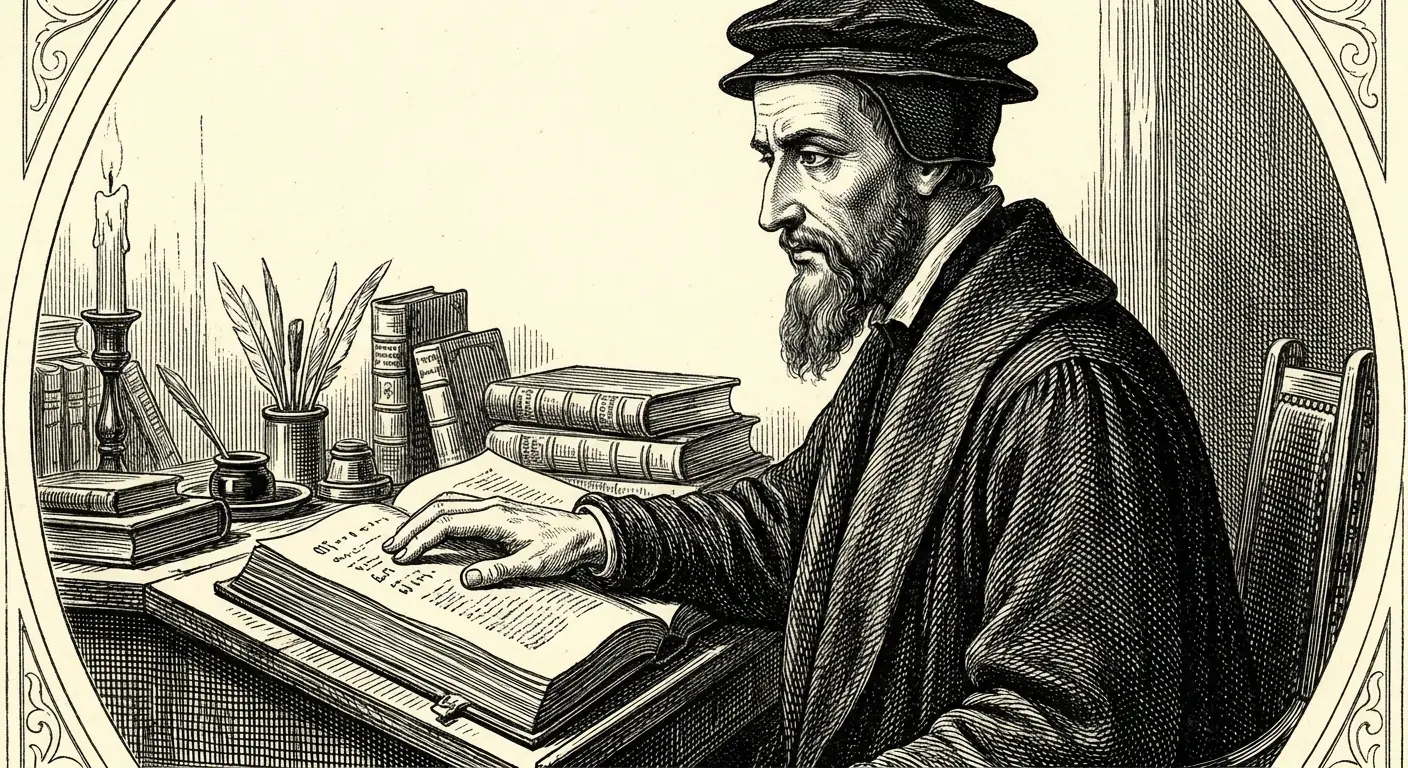 An engraved portrait of a gaunt bearded sixteenth century scholar in a black cap, seated at a writing desk with books and quills