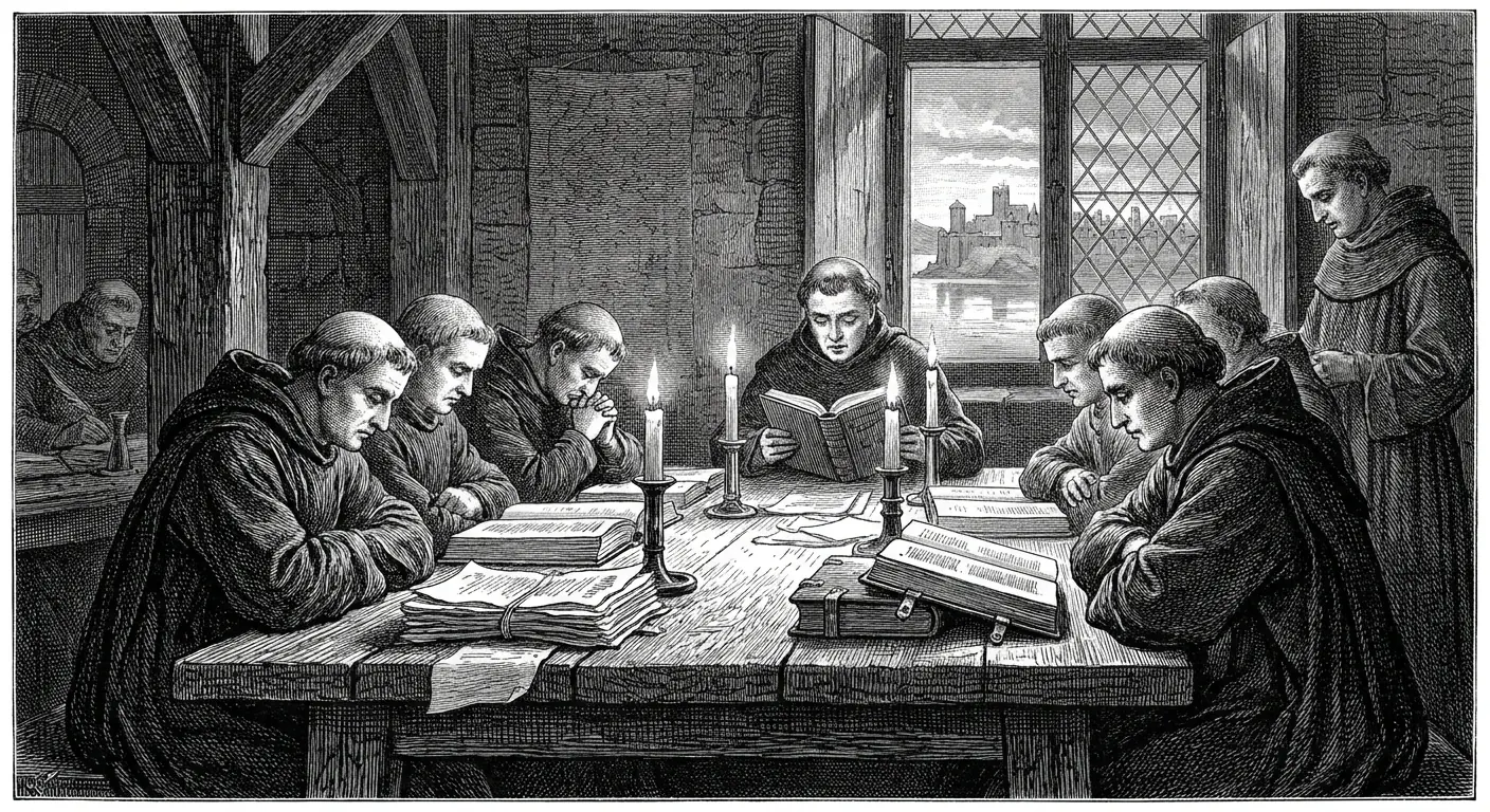 A group of scholars in plain black clothing working at a long wooden table covered in manuscript pages, by candlelight, with a lake city visible through a window