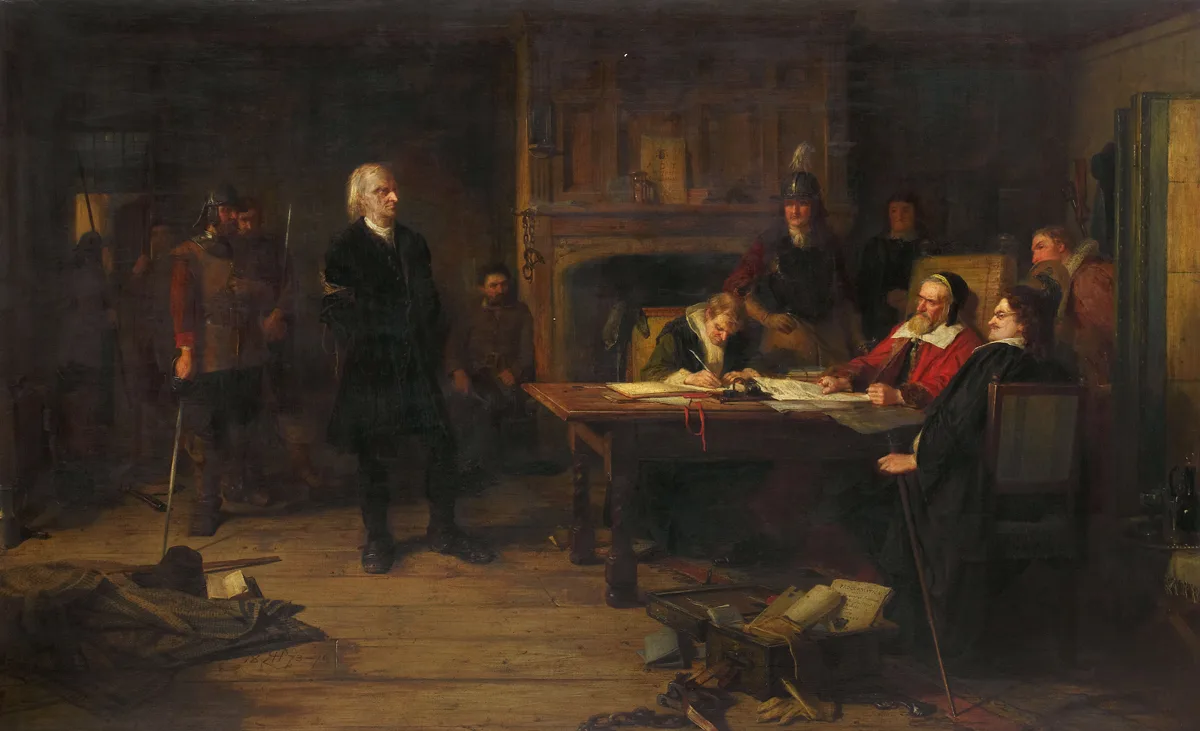 A grey-haired Covenanter preacher stands before seated magistrates and a clerk at a table, with armed soldiers behind him
