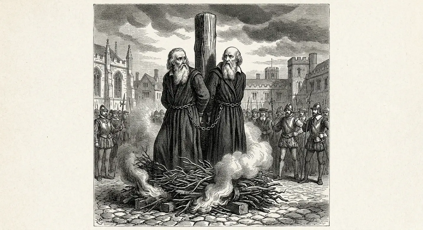 Two elderly bearded men bound side by side to a stake by a single chain, surrounded by kindling, guarded by soldiers, in an English town square