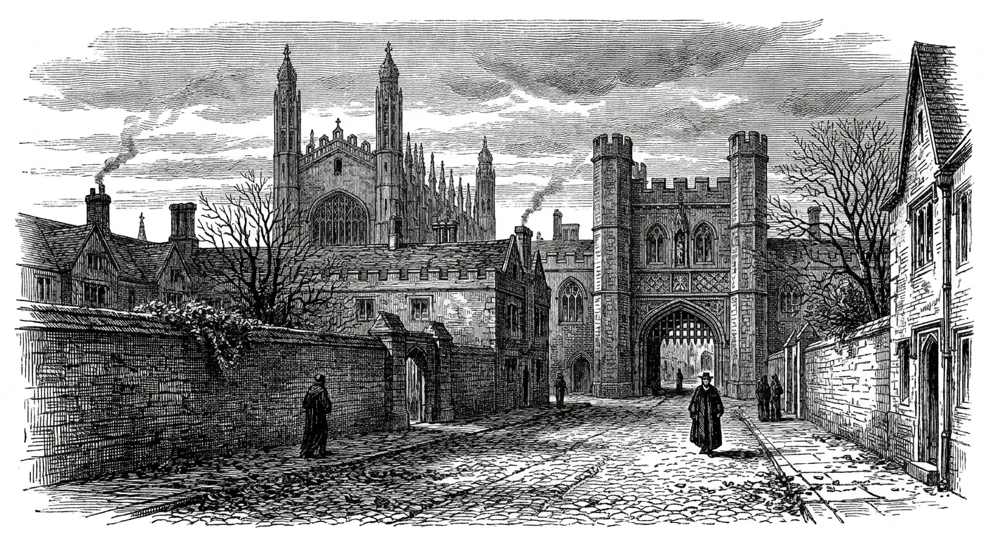 A walled sixteenth century English university town with gothic college spires and a stone gatehouse under an overcast sky