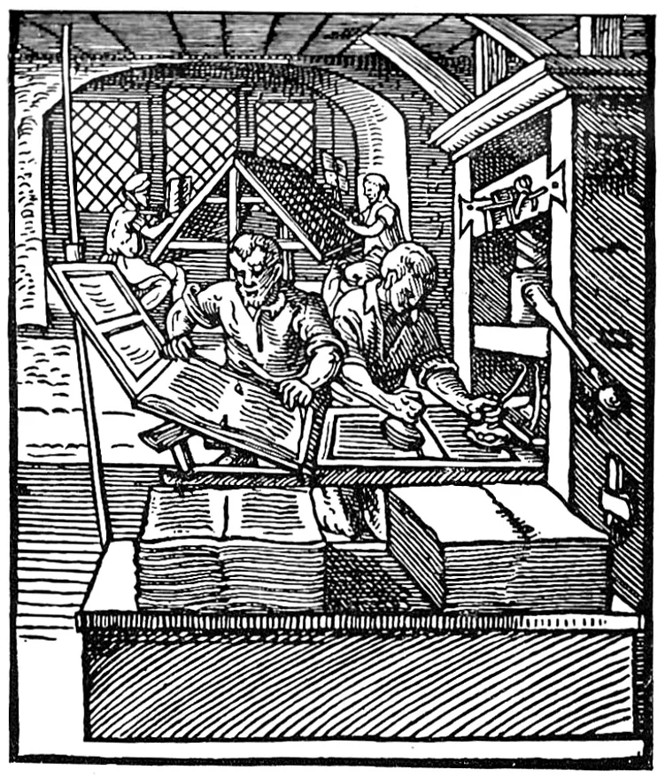 A 1568 woodcut of a printing shop, with a compositor setting type and two pressmen working the press.