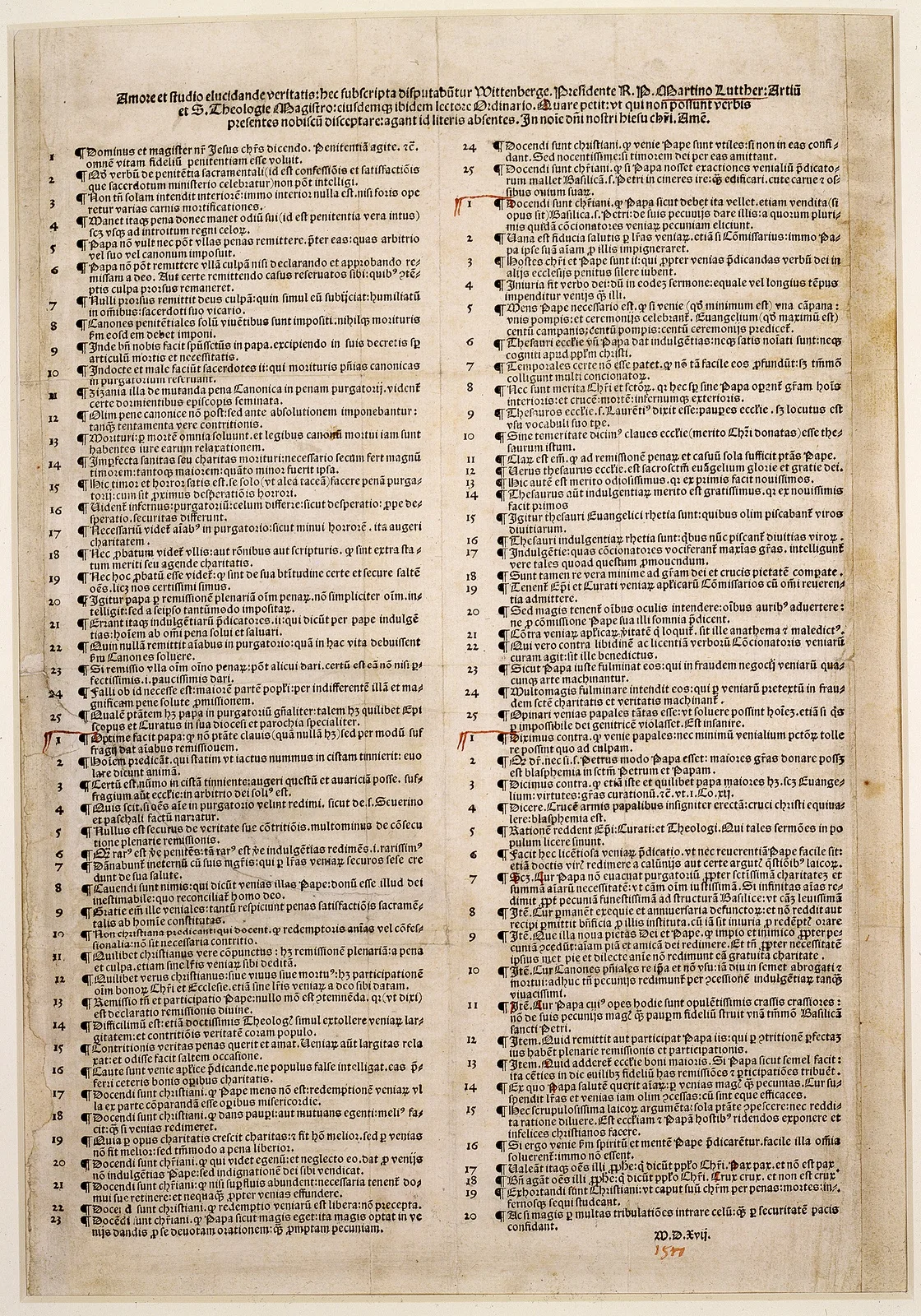 The 1517 Nuremberg broadsheet printing of Martin Luther's Ninety-Five Theses in Latin.