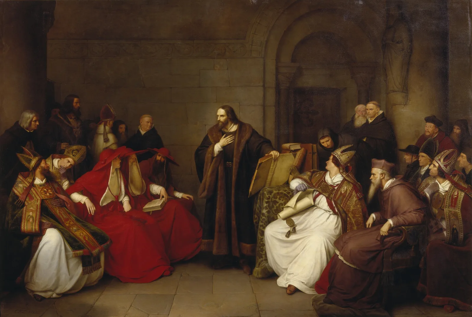 Carl Friedrich Lessing's 1842 painting of Jan Hus standing before his judges at the Council of Constance.
