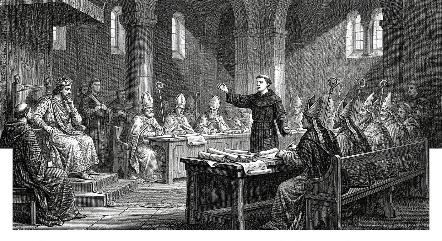 A gathering of robed bishops seated around a table in an ancient basilica, with a crowned emperor observing and a young clean-shaven priest standing and arguing before them