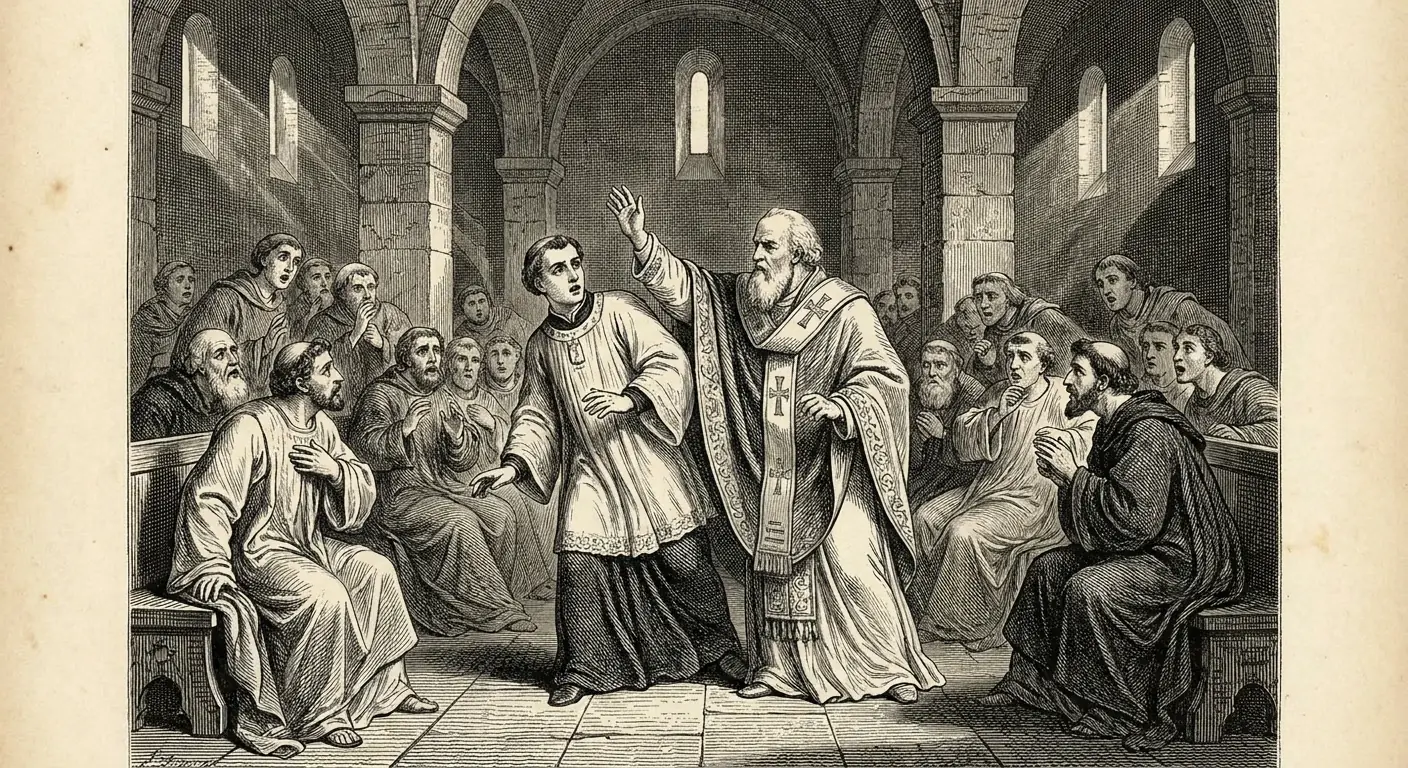 An elderly bearded bishop with his arm raised addresses a startled younger priest before a shocked assembly of seated bishops