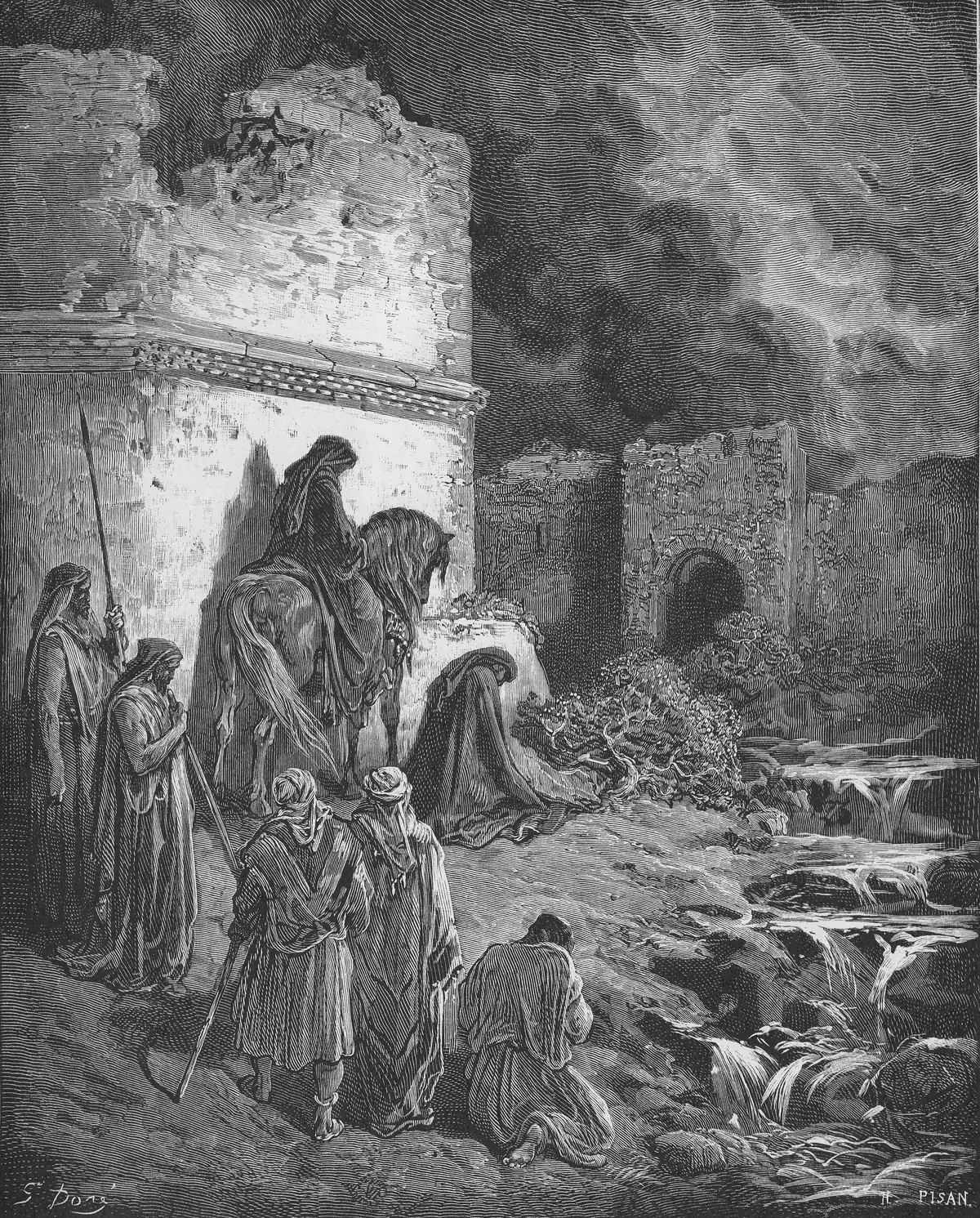 Gustave Doré's engraving of Nehemiah on horseback surveying the broken walls of Jerusalem at night, with companions on foot beside him.