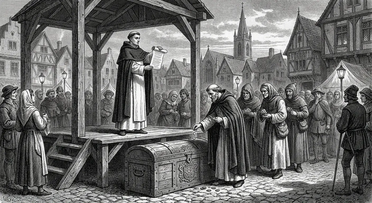 A friar on a small platform holding up a document to a crowd dropping coins into a large iron-bound chest in a German town square