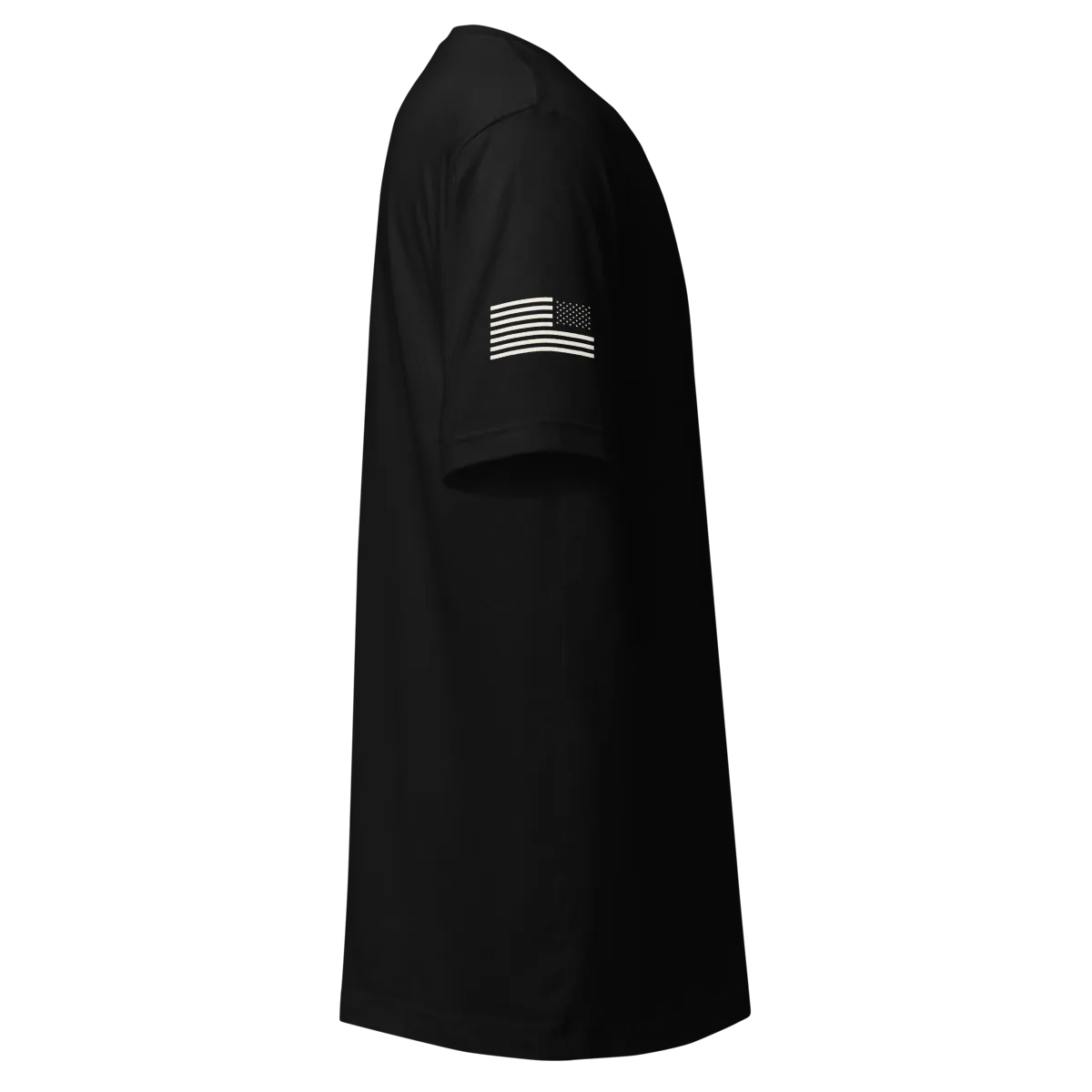 Flag Meet Tee shirt in Black with Warm white print, side view showing the printed sleeve