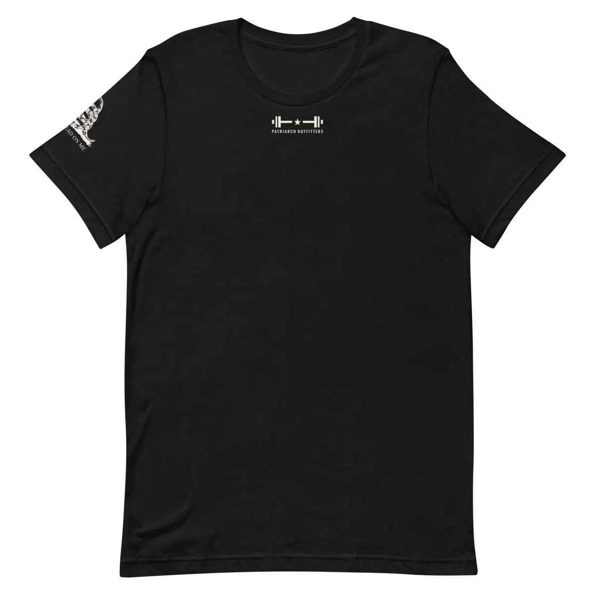 Gadsden Meet Tee shirt in Black with Warm white print, front view