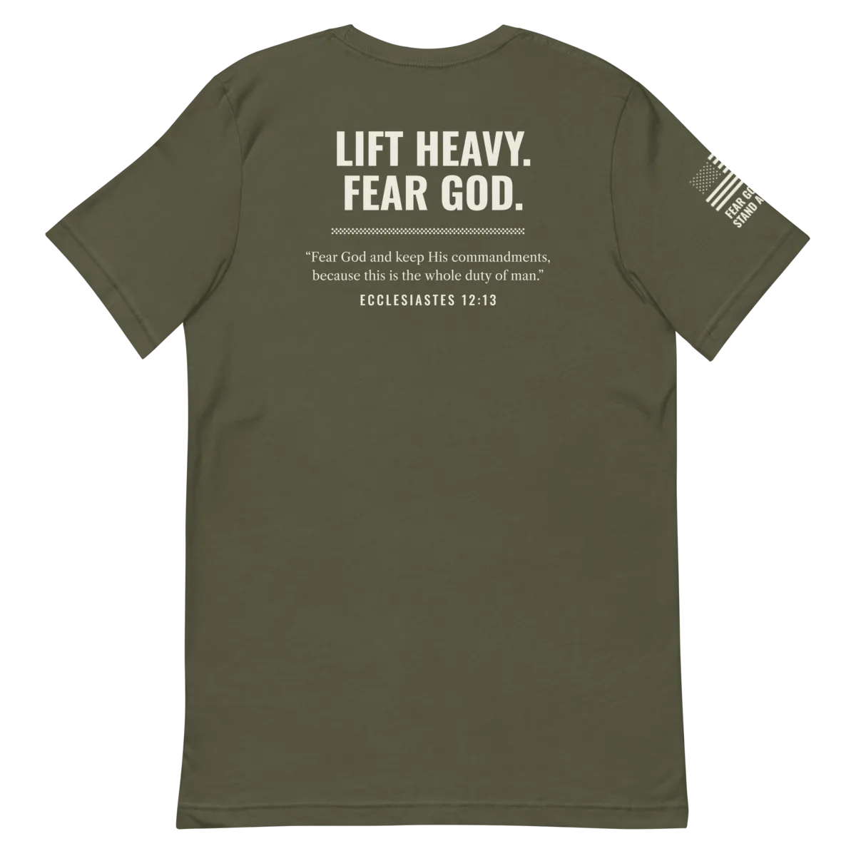 Lift Heavy, Fear God shirt in Military Green, back view