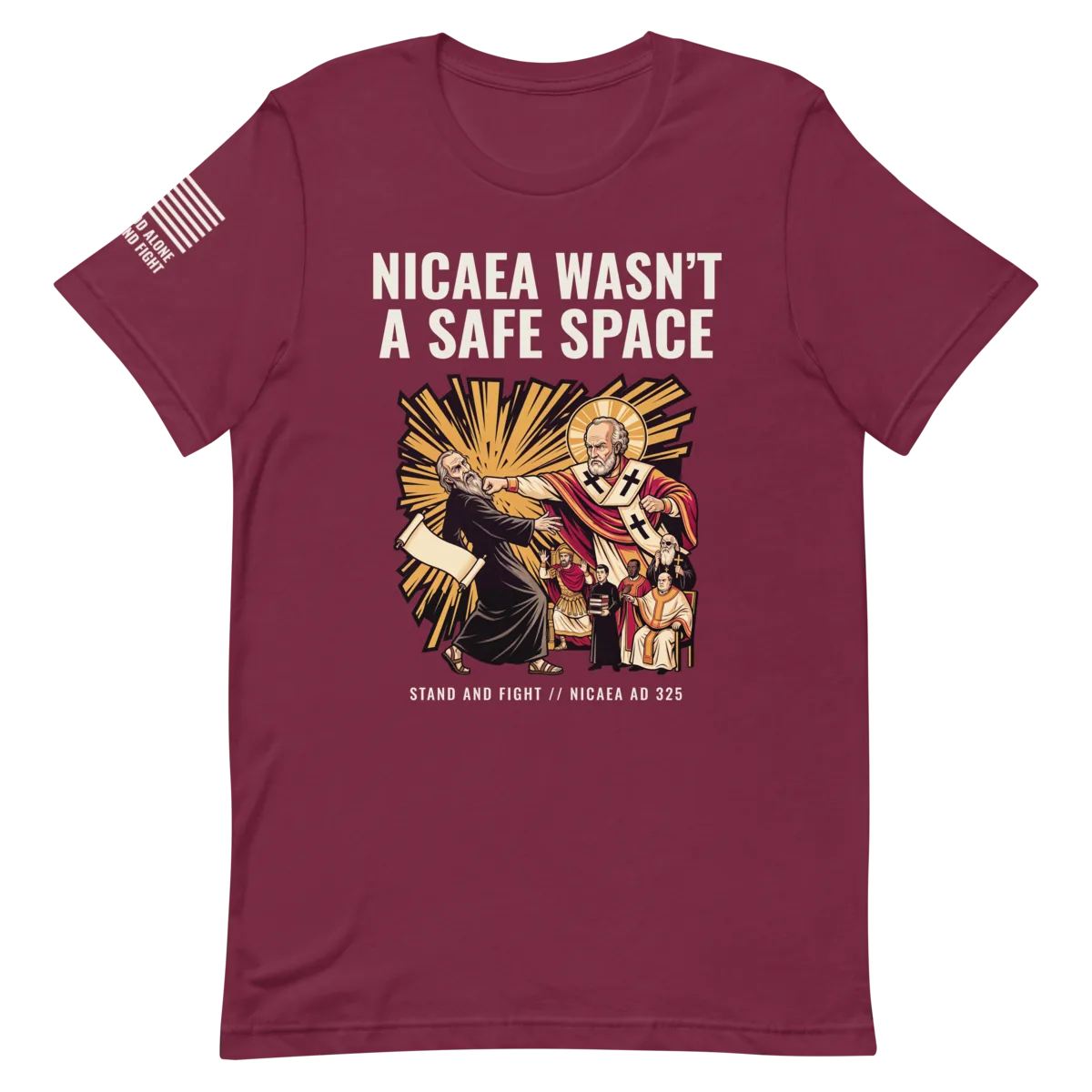 Nicaea Wasn’t a Safe Space shirt in Maroon, front view